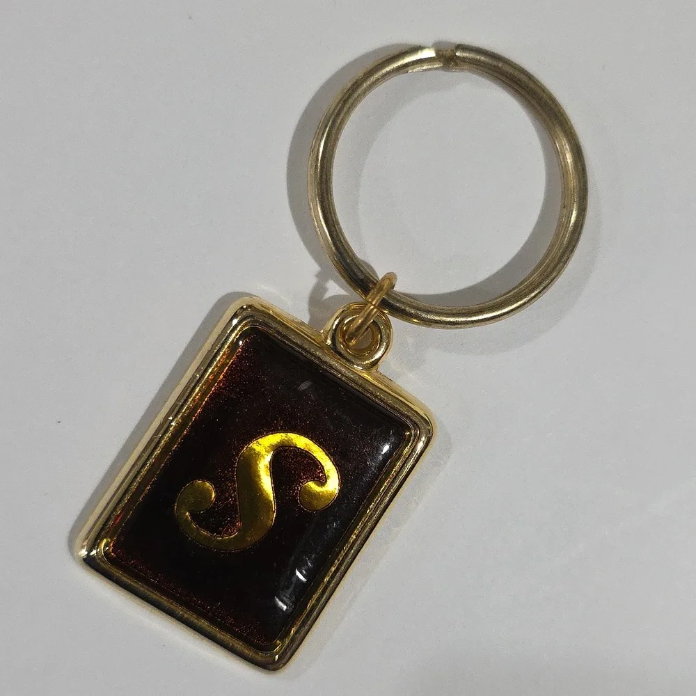 Gold Tone Rectangular Keychain with Initial 